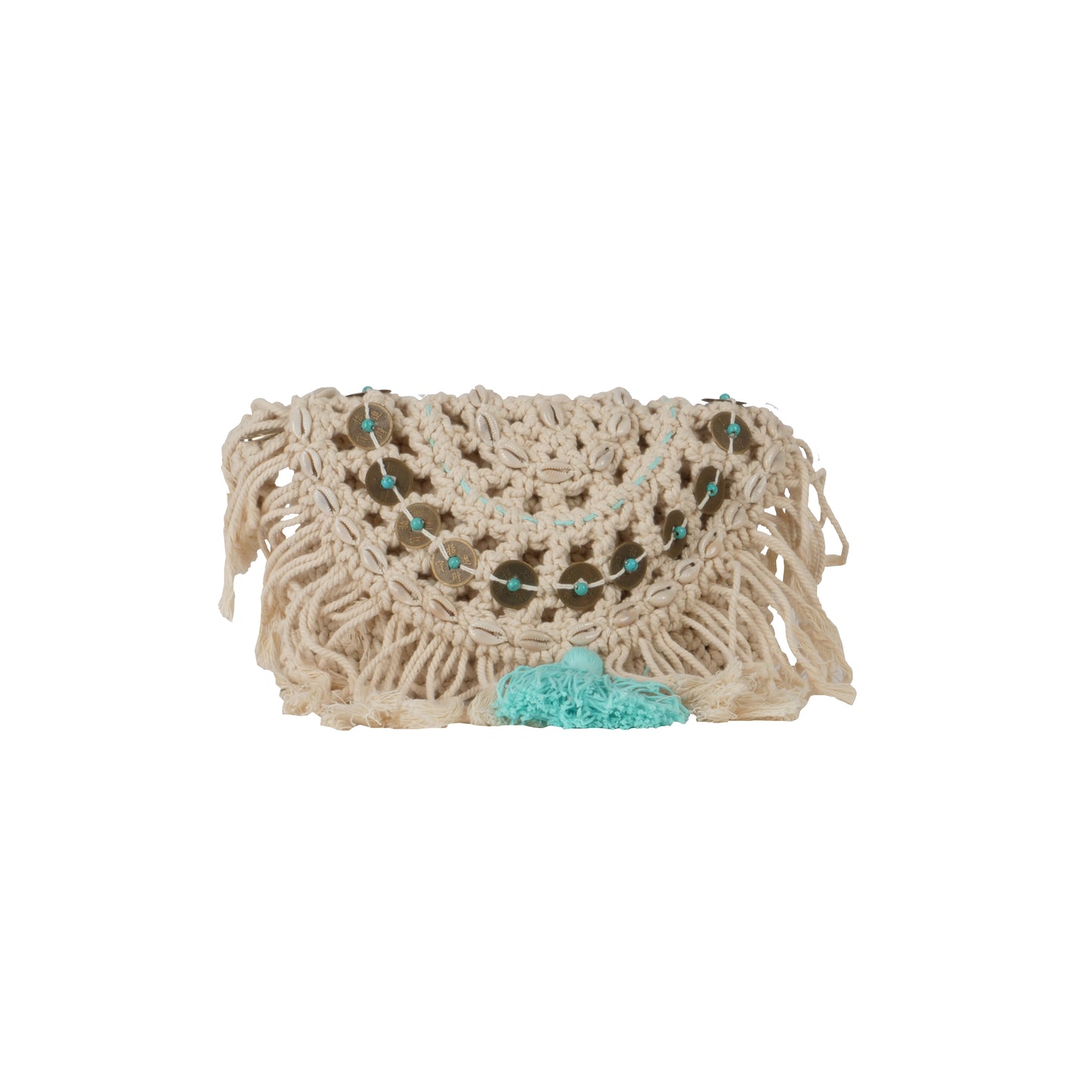 Pochette rabat macramé, coquillage et pièces, blanc et turquoise